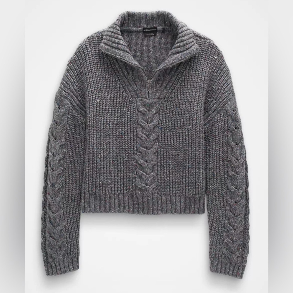 NWT Prana Laurel Creek Sweater Size S Charcoal Cable Knit Poly Silk Wool Blend